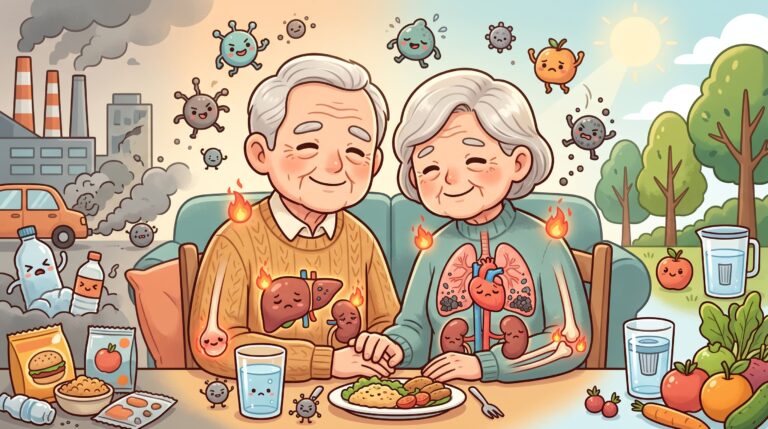 銀髮夫婦的健康生活對比。左側顯示工業污染、加工食品與器官發炎風險;右側顯示潔淨水源、原型食物與綠色環境對抗衰老的重要性。