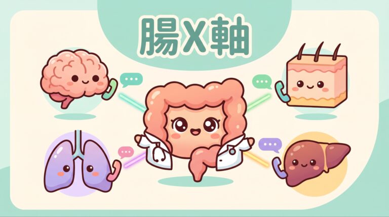 腸 X 軸 (Gut X-Axis) 概念插畫。中心的腸道穿著醫師袍,分別與大腦(腦腸軸)、皮膚(皮腸軸)、肺部(肺腸軸)及肝臟(肝腸軸)通電話,象徵腸道微生態對全身器官的健康調控。