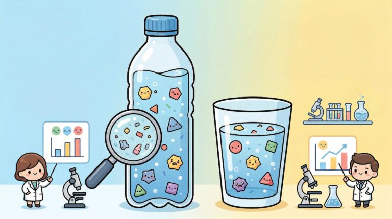 實驗室人員檢測瓶裝水與杯水中的微塑膠 (Microplastics) 插圖