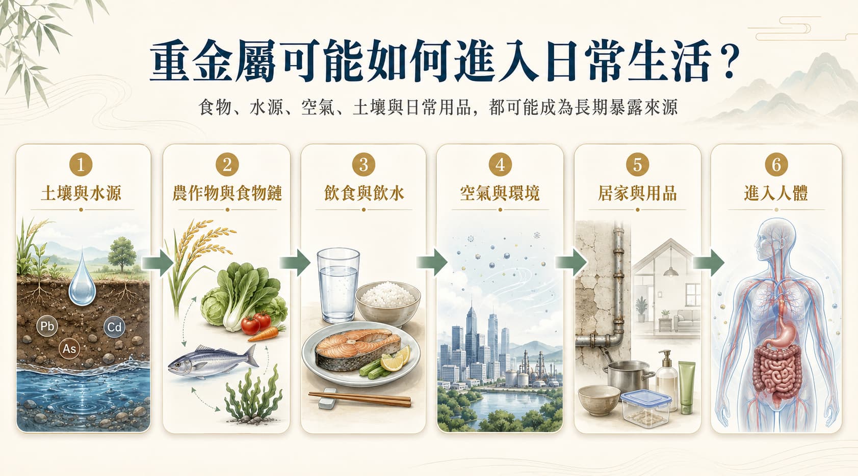 重金屬可能如何進入日常生活：土壤水源、農作物、食物鏈、飲水、空氣與日常用品