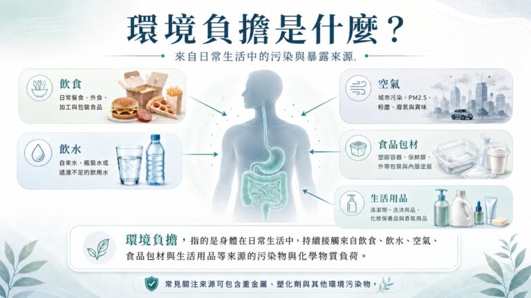 環境負擔是什麼？圖解飲食、飲水、空氣、食品包材與生活用品等日常污染暴露來源，常見關注包含重金屬、塑化劑與其他環境污染物。