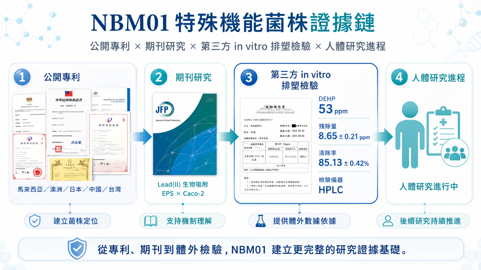 NBM01 特殊機能菌株證據鏈，包含公開專利、期刊研究、第三方 in vitro 排塑檢驗與人體研究進程