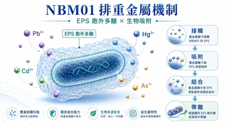 NBM01 排重金屬機制示意圖,說明 EPS 胞外多醣與菌體表面如何接觸、吸附、結合鉛、鎘、汞、砷等重金屬離子,並透過生物吸附建立腸道端污染管理邏輯。