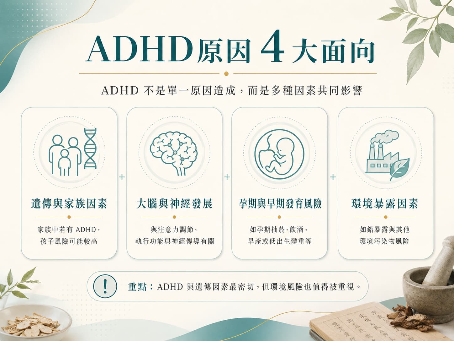 ADHD原因四大面向，包括遺傳、大腦神經發展、孕期早期風險與環境暴露