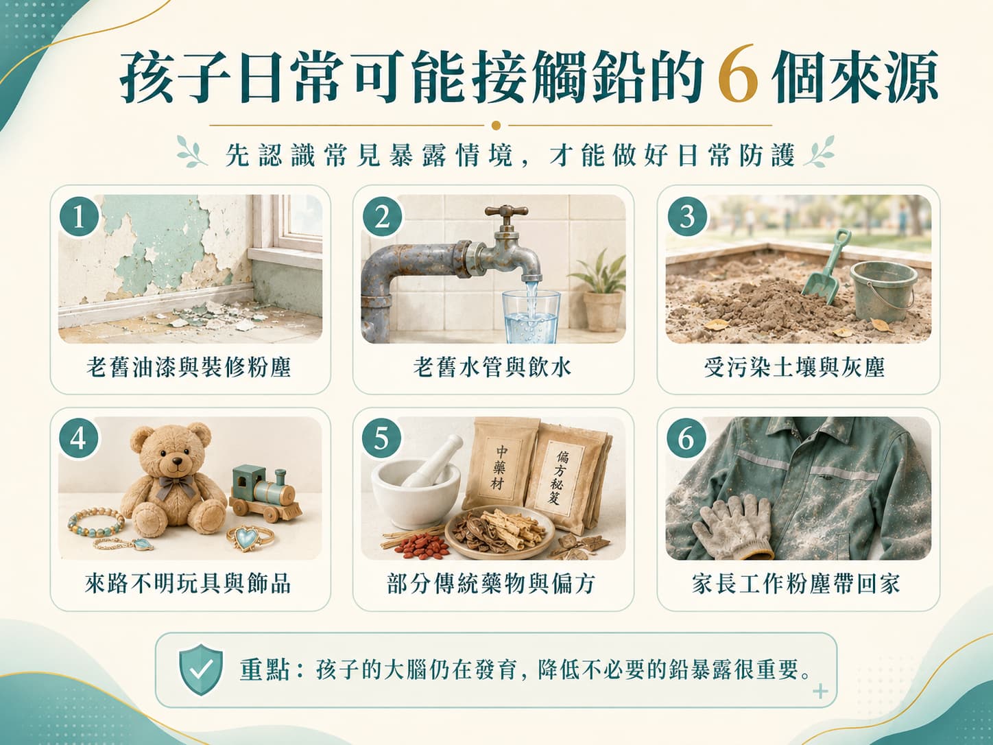 孩子日常可能接觸鉛的六個常見來源，包括老舊油漆、水管、灰塵、玩具與傳統藥物