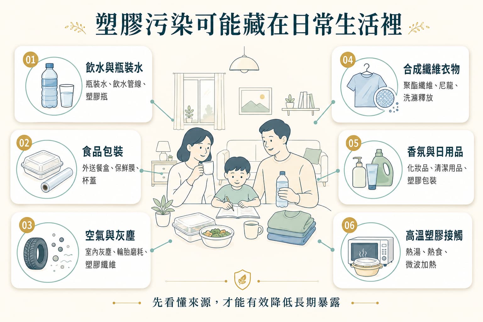 日常生活中的微塑膠與塑化劑來源，包含飲水、食品包裝、空氣、衣物與日用品