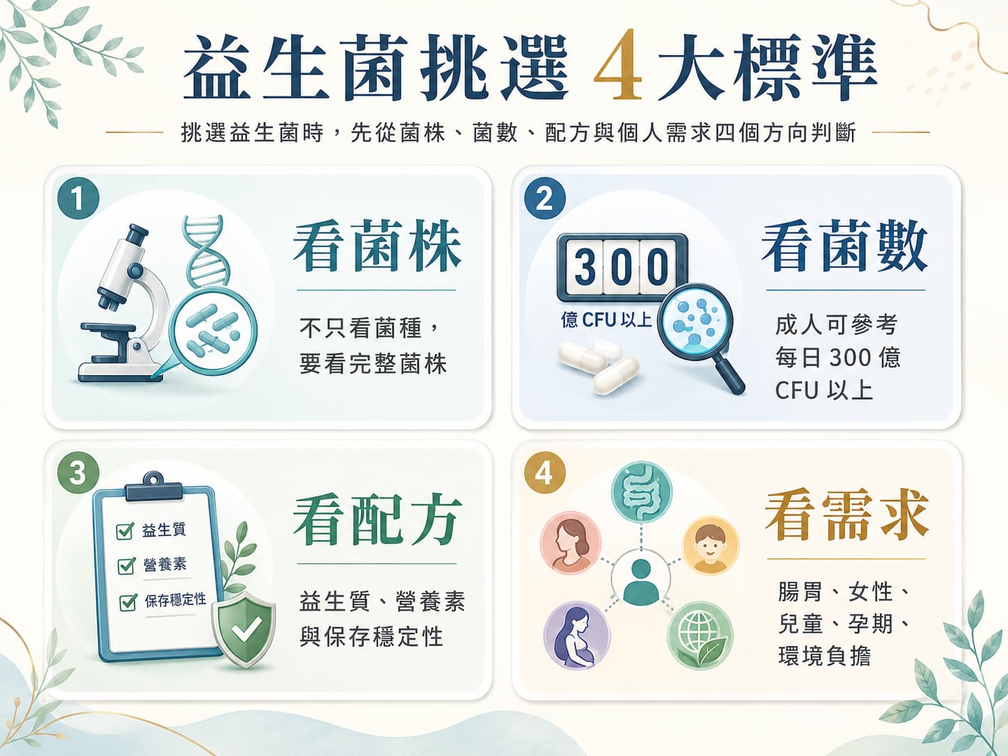 益生菌推薦挑選標準，包含菌株、菌數、配方與個人需求