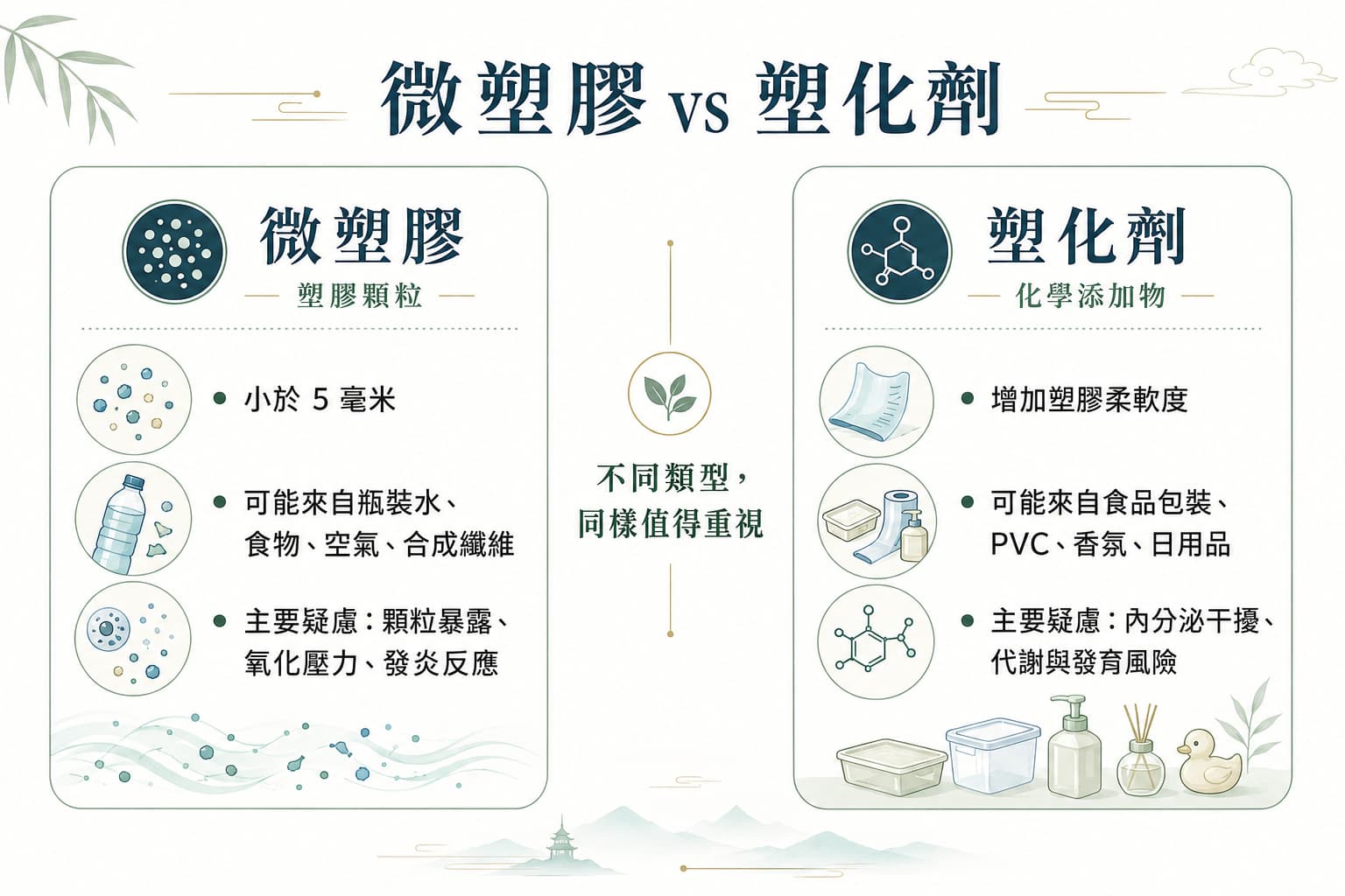 微塑膠與塑化劑差異比較，說明塑膠顆粒污染與化學添加物的不同