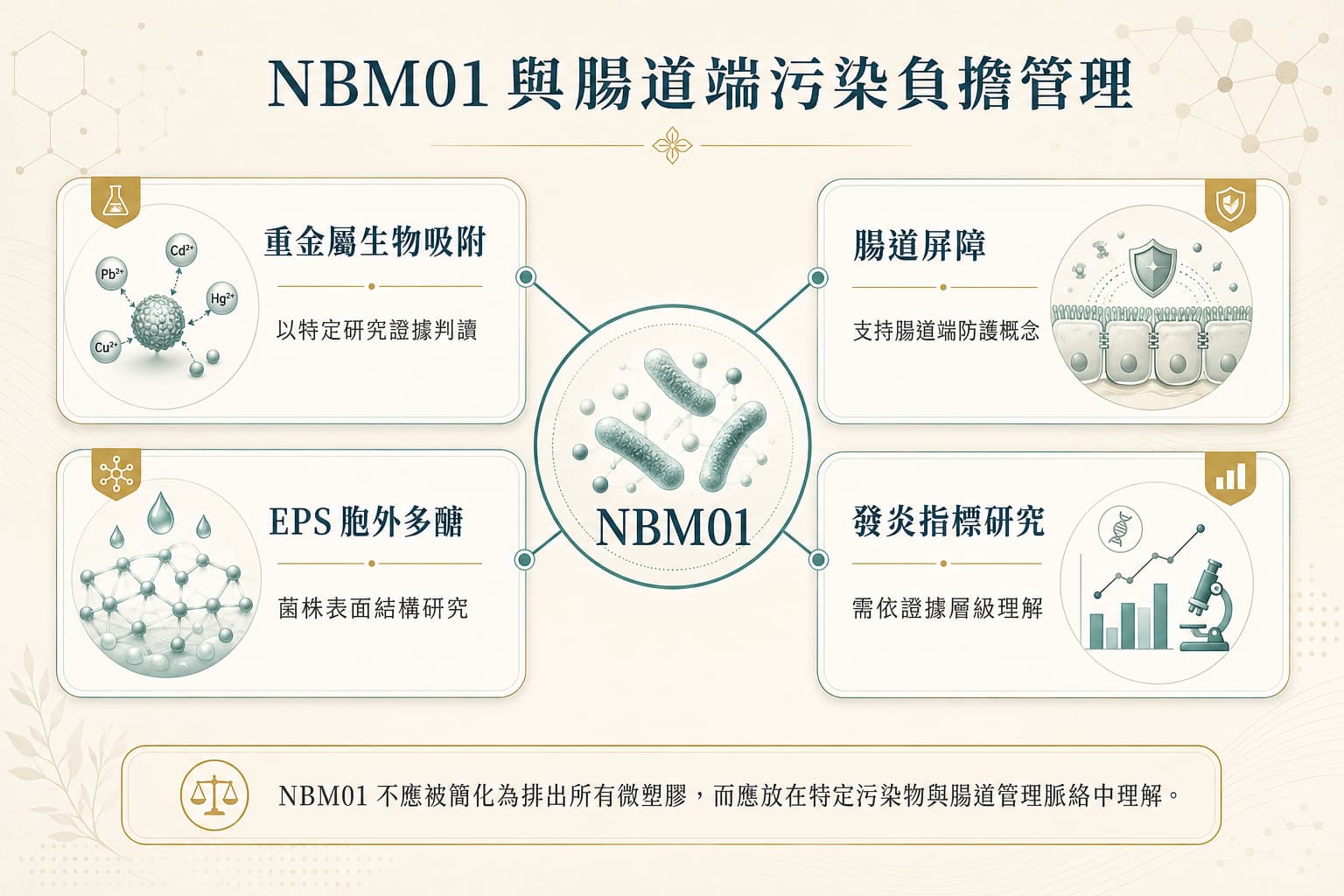 NBM01 與腸道端污染負擔管理，說明重金屬生物吸附、腸道屏障與菌株研究脈絡