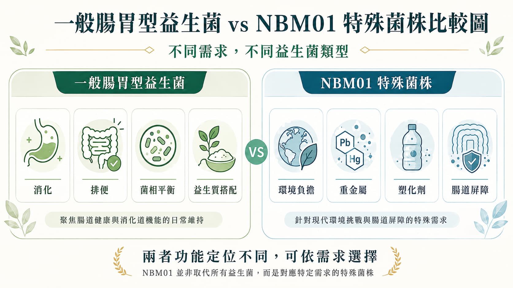 一般腸胃型益生菌與 NBM01 特殊菌株的差異比較